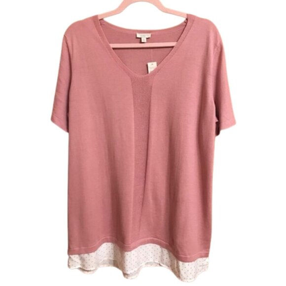 NWT Talbots Women's Layered Look Pink Sweater With polka dot mock shirt trim 1X - Picture 1 of 13